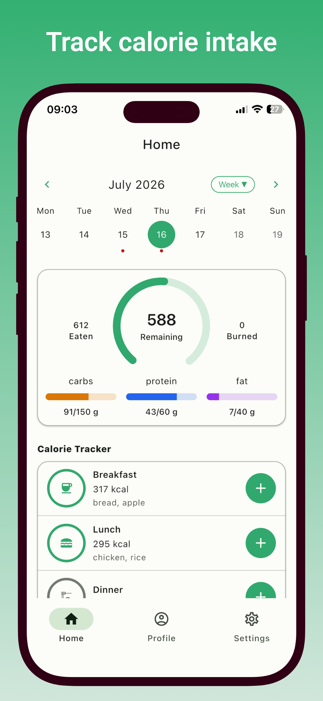 Home screen with daily calorie ring and macro breakdown