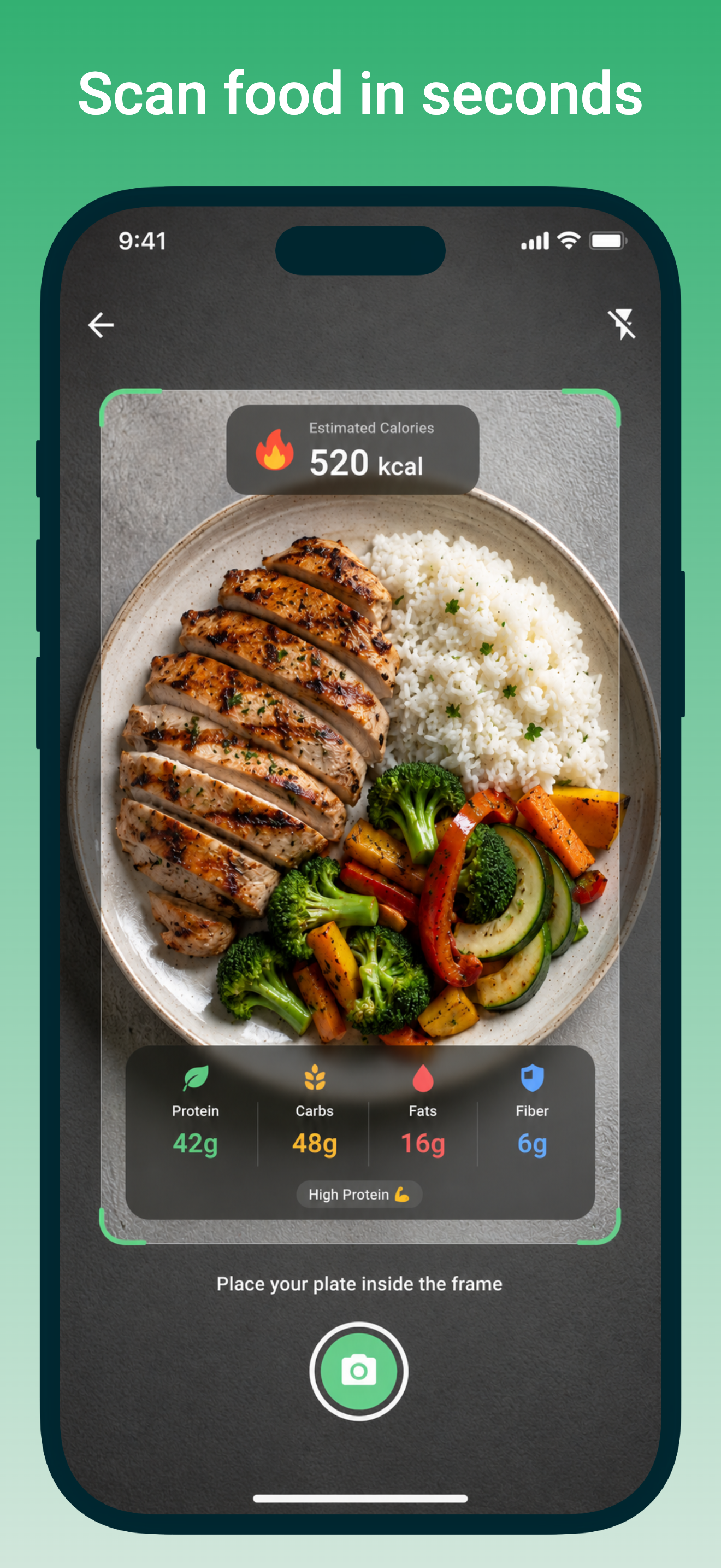 PlateLogic home screen showing daily calorie ring, macros and meal tracker