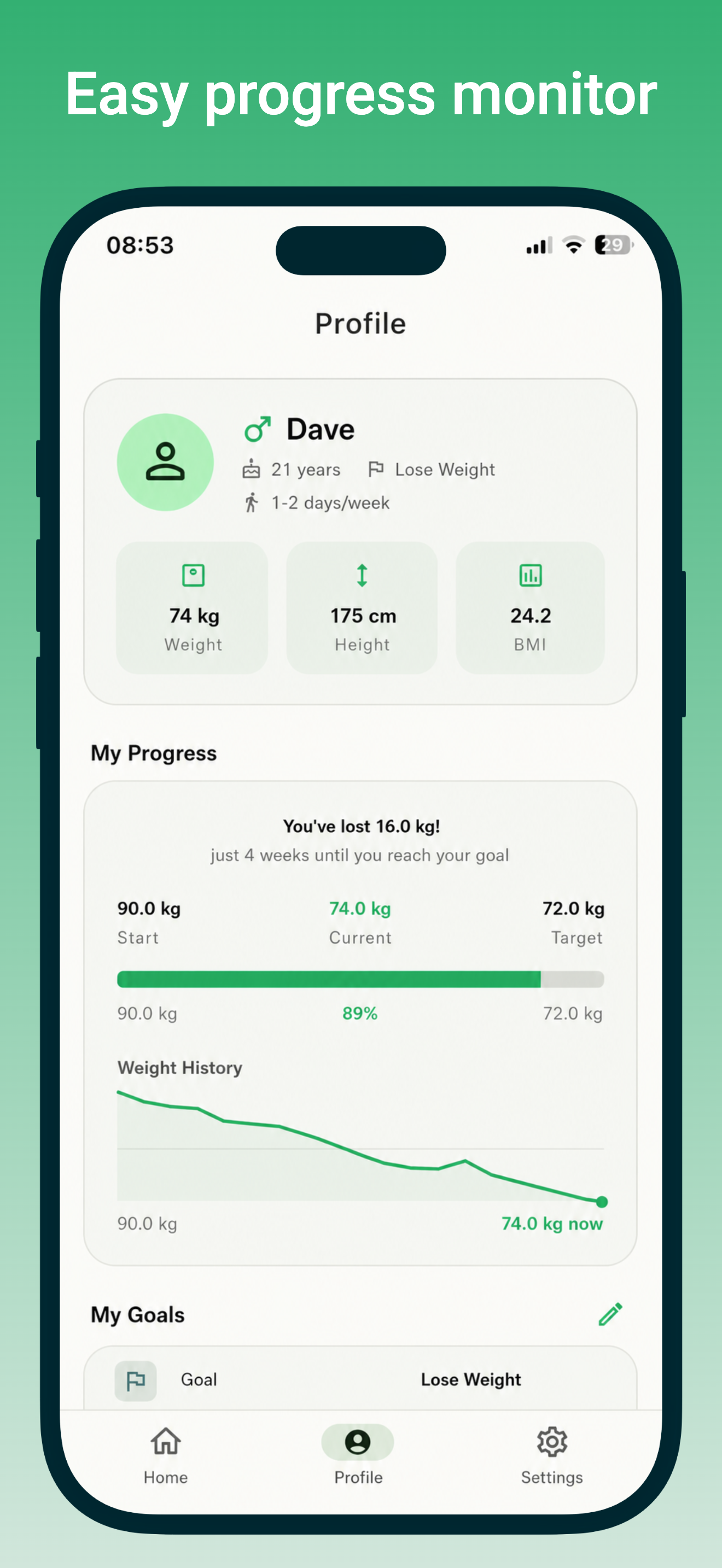 Profile with weight progress chart and goals