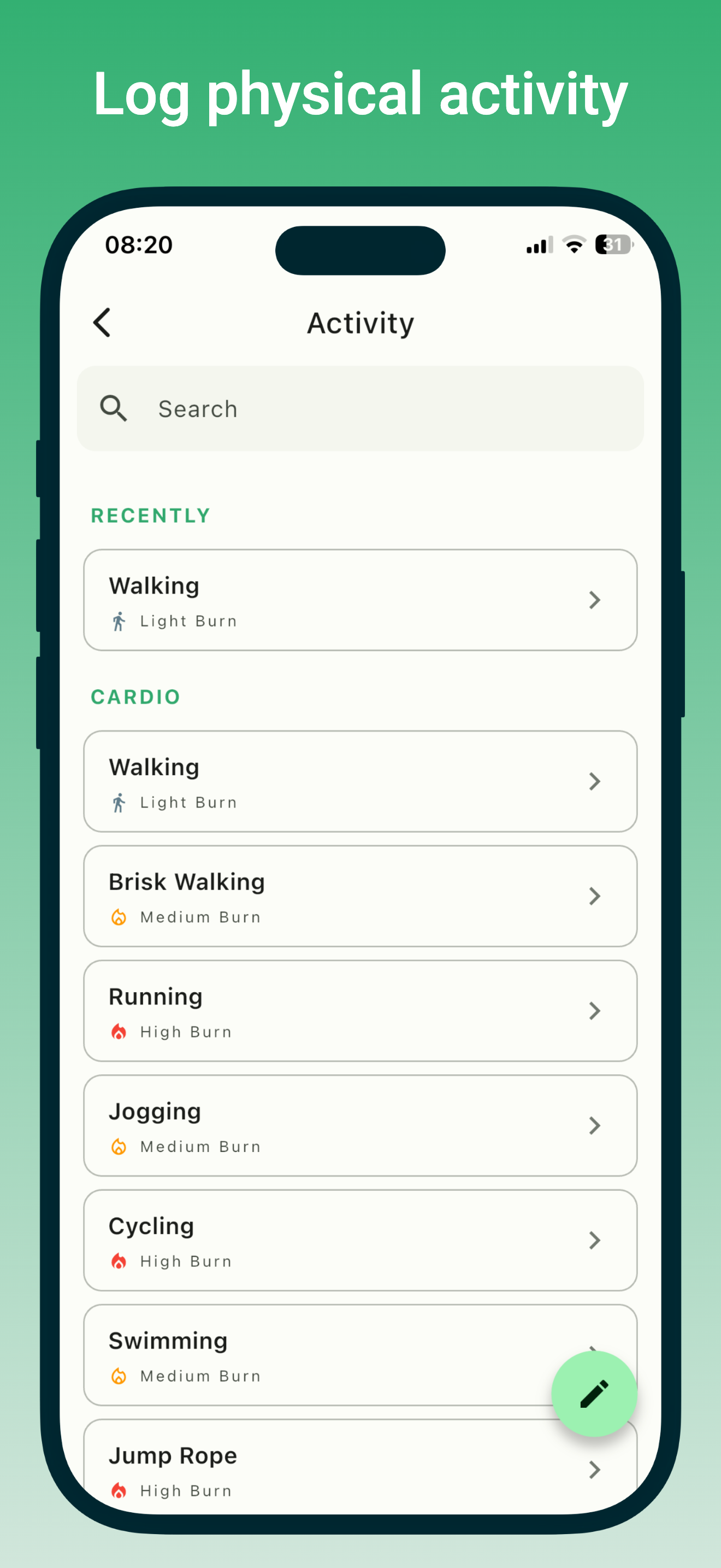 Activity screen for logging physical exercise